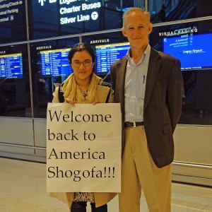 Shogofa returns from Afghanistan to resume her university studies. Pax Populi's Robert McNulty on right. 